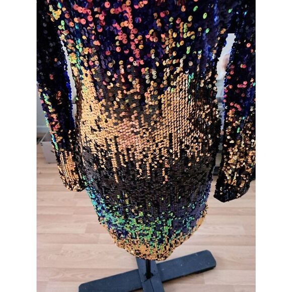 Medium Black Multicolor Sequin Bodycon Dress Stretch Mini Rear Zip Party Club - Picture 3 of 5